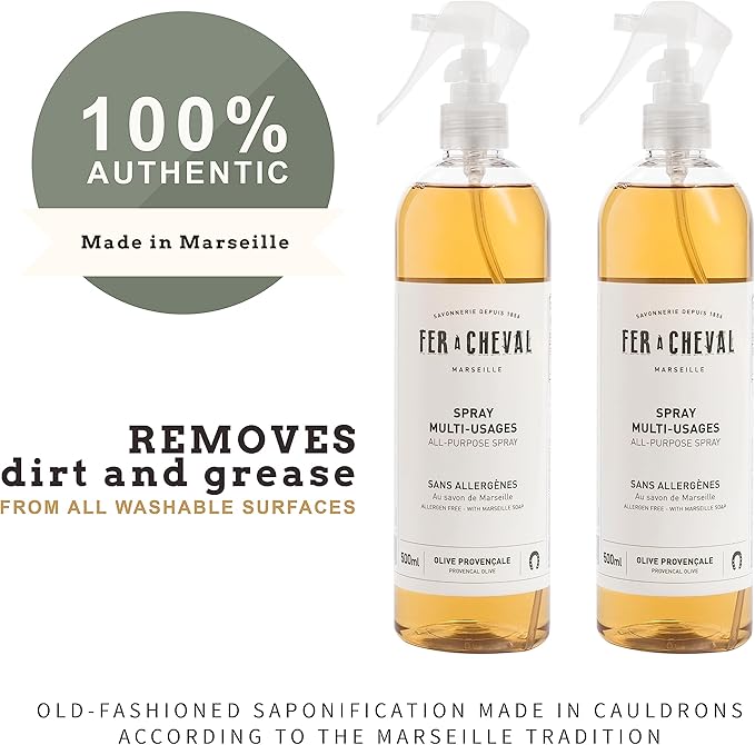 Fer à Cheval Versatile Marseille All-Purpose Spray Cleaner - Natural Provençal Olive Scent Allergen-Free 99% Natural Ingredients 500 ml/16.9 fl oz (2-Pack)