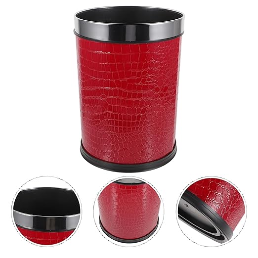 Trash Can with 12L Capacity Red Embossed Pattern Garbage Bin with Stainless Steel Ring Single-Layer Rubbish Bin for Hotel Rooms Bedrooms and Office Wastebasket