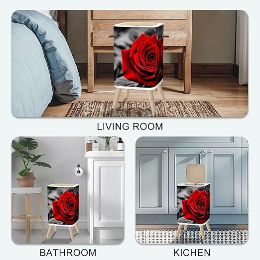 Small Trash Can with Lid Romantic Greeting red Rose Against Black White Roses 2.6 Gallon/10L Garbage Can Waste Bin with Pop-Up Lid Wood Legs Wastebasket for Bathroom Kitchen Bedroom