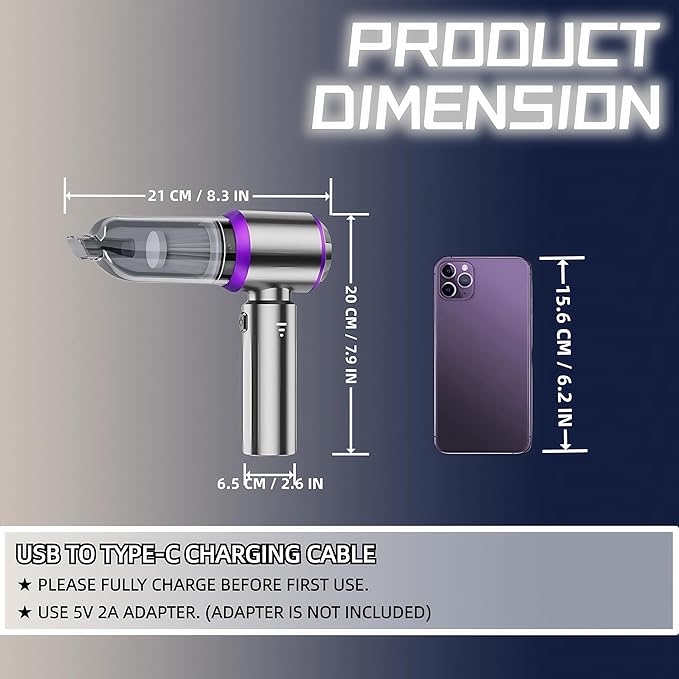Handheld Car Vacuum Cleaner 21000PA Rechargeable High Power Cordless Mini Vacuum Cleaner and Blower 4-in-1 with 3 Gear Vacuum with Brushless Motor for Car Home Office PC