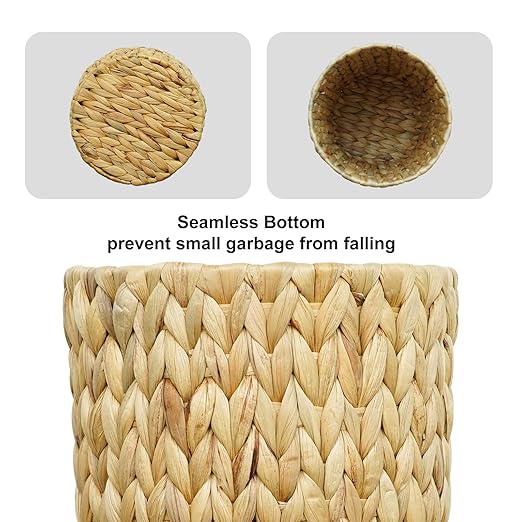 Wicker Trash CanSmall Bathroom Trash CanWater Hyacinth Wicker Waste Basket for BathroomBoho Waste Basket for BedroomHome OfficeCompact Spaces(2 Gallon Round)