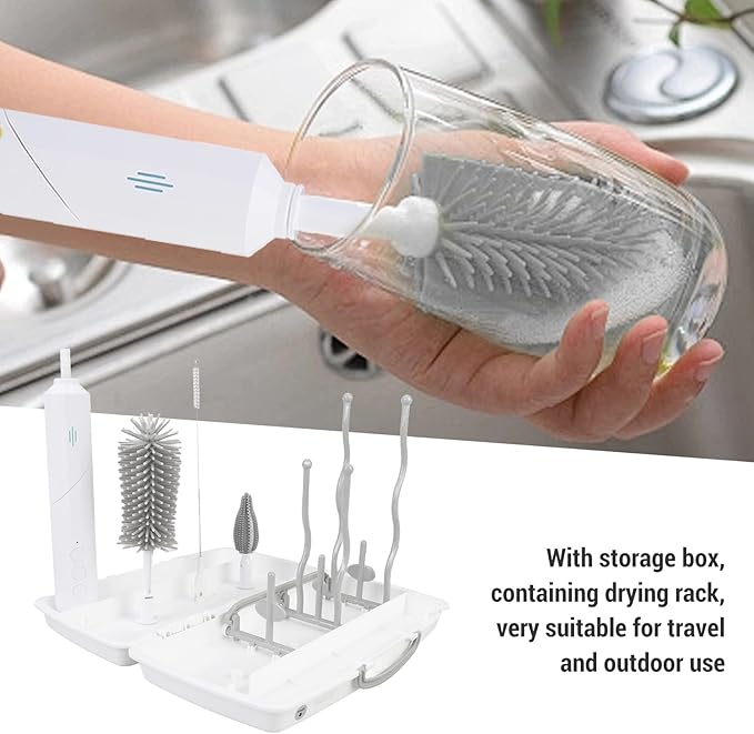 Electric Bottle Brush Set Rechargeable 3 Speeds Bottle Cleaning Brush with 2 Replaceable Heads and Drying Rack for Baby Bottles Travel Outdoor Use