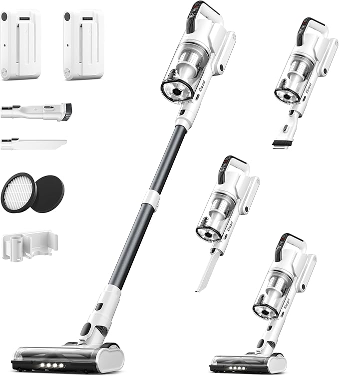 Cordless Vacuum Cleaner 2 Batteries 140 Mins Runtime 600W 50Kpa Stick Vacuum Cordless Self-Standing Vacuum Cleaners for Home with 2.5H Fast Charging for Floor/Carpet/Pet Hair White