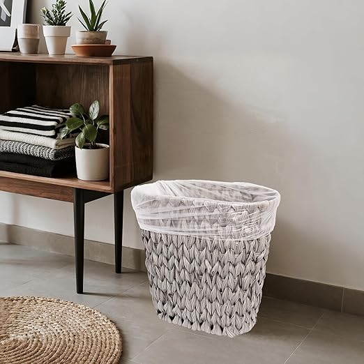 Wicker Trash CanWaterproof Bathroom Waste BasketPlastic Wicker Woven Waste Basket with Built-in Handles 19 Liters/5 GallonsDecorative Boho Rubbish Bin for Bedroom Office Kitchen Laundry (gray)