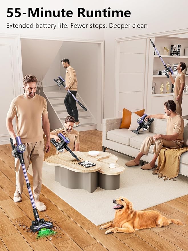 Cordless Vacuum Cleaner 55KPa/500W Stick Vacuum with 55 Mins Runtime Self-Standing Vacuum Cleaner for Home LED Display Anti-Tangle Brush Rechargeable Vacuum for Hardwood Floor Pet Hair (Purple)