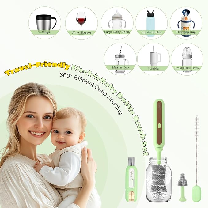 Electric Baby Bottle Brush Cleaner 5-in-1 Travel Kit with Storage Bag Food-Grade Silicone Long Battery Life Portable Baby Bottle Cleaner Brush Set Ideal Gift for Parents &amp Babies (Yellow)