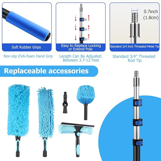 20 Foot High Reach Ceiling Duster Kit 3.6-12ft Extendable Pole with Cobweb DusterCeiling Fan DusterWindow Squeegee and Scrubber Microfiber Feather for Easy Cleaning Indoor &amp Outdoor