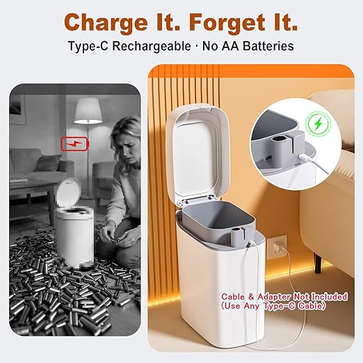 funest Bathroom Trash Can with Lid Automatic Motion Sensor Trash Can 3.5 Gallon Garbage Can Type-C Rechargeable Bag-Holding Design One-Pull Auto Packing Quiet-Close Hinge for Bedroom Office
