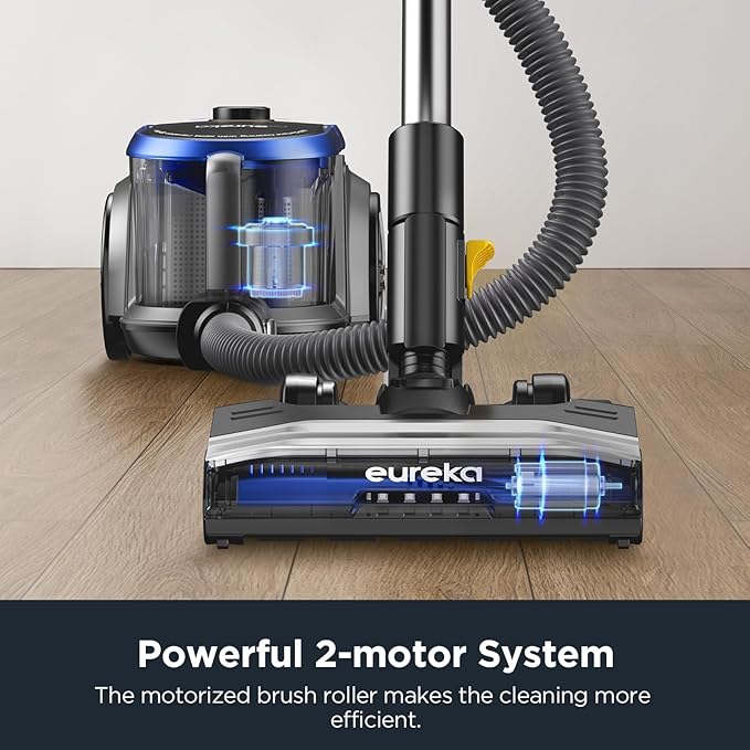 Eureka Bagless Canister Vacuum with Washable HEPA Filter 16KPA Suction for Carpets/Hard Floors Compact Design with 3 Cleaning Tools 2-Motor Household Vacuum Lightweight and Easy Maneuverable