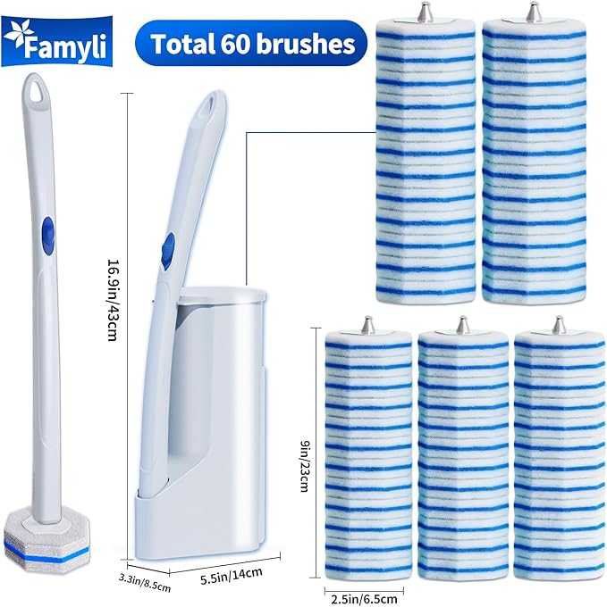 Disposable Toilet Brush Set with 60 Replacement Heads Toilet Cleaning Replacement Pads Starter Kit with Storage Case for Deep Cleaning and Hygienic Bathroom Maintenance