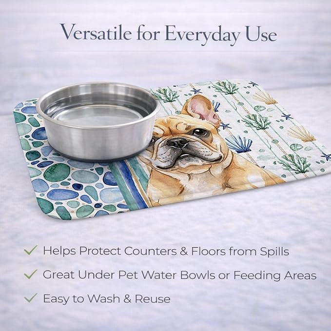 Caroline's Treasures Fawn French Bulldog Coastal Sea Glass Dish Drying Mat Absorbent Dish Drying Mat Pad for Kitchen Counter Dish Drainer Mat for Countertop 14 x 21 Multicolor