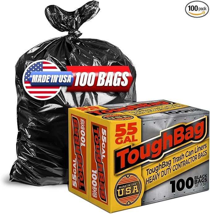 ToughBag 55 Gallon Trash Bags Heavy Duty (100 Count) - 50-60 Gallon Black Garbage Bags Large Trash Bags - 38 x 58 - Made in USA