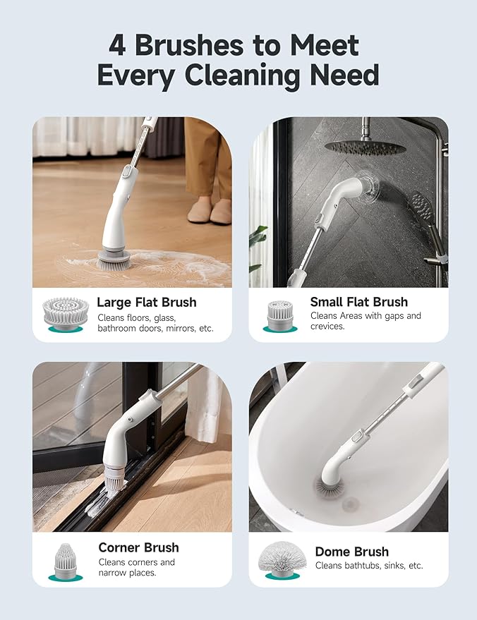 HiCOZY Electric Spin Scrubber HS1 Cordless Shower Scrubber for Cleaning with 4 Replaceable Brush Heads Adjustable Extension Handle IPX7 Waterproof Cleaning Brush for Bathroom Floor White