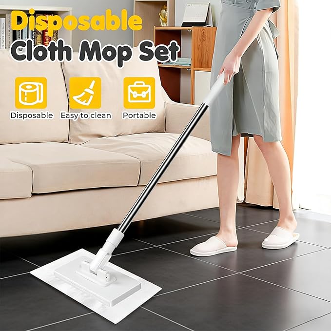 Zero Touch Mini Mop Automatic Cloth Changing Mini Mop Snap Grip MiniMop Convenient Cloth Changing MiniMop with 5 Reusable Cloths Portable Push-Pull Handle for Bathroom Kitchen (White)