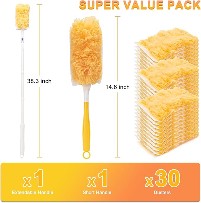 KeFanta 360° Heavy Duty Duster Refills Compatible with Swiffer Duster Disposable Dusting Kit for Cleaning 1 Extended Handle 1 Short Handle 30 Refills