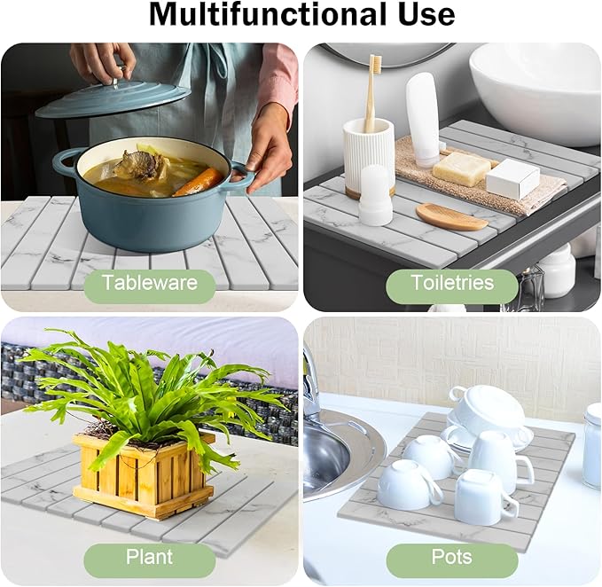 Stone Dish Drying Mat for Kitchen Counter24(L)×16(W) Collapsible Fast-Drying Diatomaceous Earth Mats with Towel Sanding ToolVersatile Stone Drying Mats for Cups Dishes Bottles