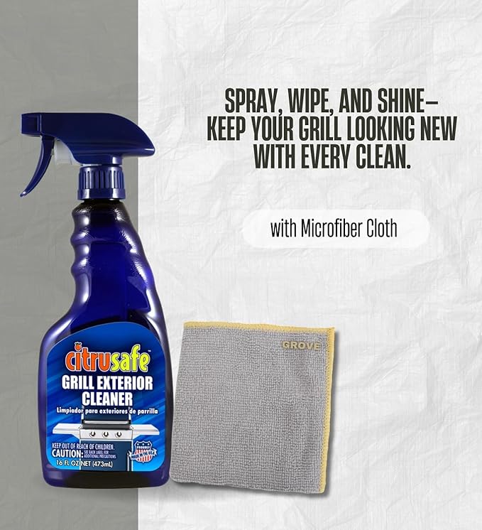 Citrusafe Grill Exterior Cleaner 16 oz Liquid – Bundle with Microfiber Cloth – Powerful BBQ Grill Cleaner for Outdoor Grills Removes Grease &amp Residue – Gift Set (2 Items)