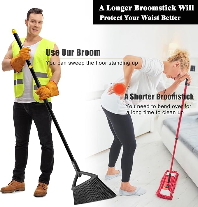 Heavy Duty Broom Outdoor Indoor Upgraded Commercial Angle Brooms Black Broom for Sweeping House Restaurant Kitchen Garage Courtyard