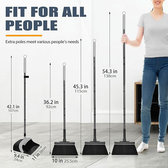 JEHONN Broom and Dust Pan 54.3 inches Long Handle Swivel Brush Upright Foldable Dustpan with Comb Teeth for Home Kitchen Lobby Indoor Floor Cleaning (Black &amp Gray)