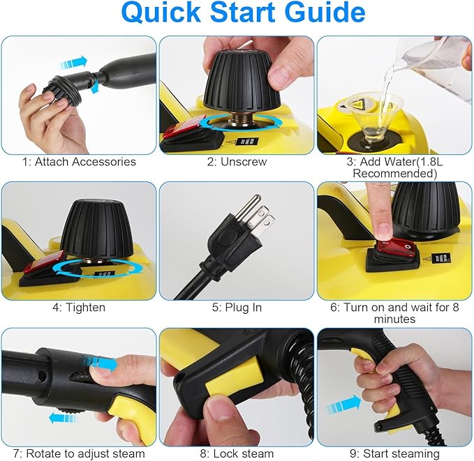 Handheld Steam Cleaner Portable Steamer with 15pcs Accessories Steam Lock 16.8ft Long Power Cord 2L Large Tank Overheat Protection Multi-Purpose Steamer for Home Car Bathroom Grease (Yellow)