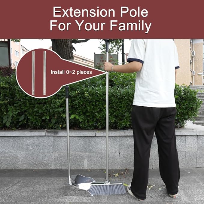 Metal Dustpan with Broom Set Long Handle Stainless Steel DustpanHeavy Duty Standing Dust Pan with Teeth Indoor Outdoor Up for Home Kitchen Lobby Room Office