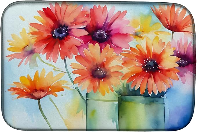 Caroline's Treasures DAC1571DDM Gerbera Daisies in Watercolor Dish Drying Mat Absorbent Dish Drying Mat Pad for Kitchen Counter Dish Drainer Mat for Countertop 14 x 21 Multicolor
