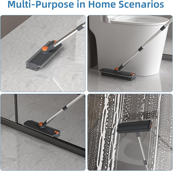 Scrub Brush with Long Handle Floor Scrub Brush Squeegee Broom for Cleaning 3 in 1 Shower Scrubber Floor Broom Squeegee for Concrete Tile Wall Deck Patio Grey
