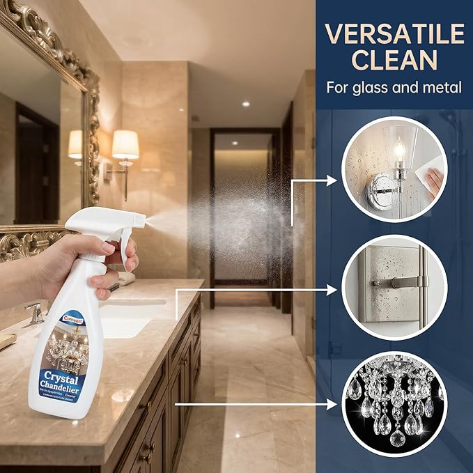Crystal Chandelier Cleaner Spray No-Wipe Drip Dry Easy-to-Use Streak-Free Shine Safe for Crystal Glass &amp Metal Fixtures Ideal for High Ceiling Lighting (16.91 oz)