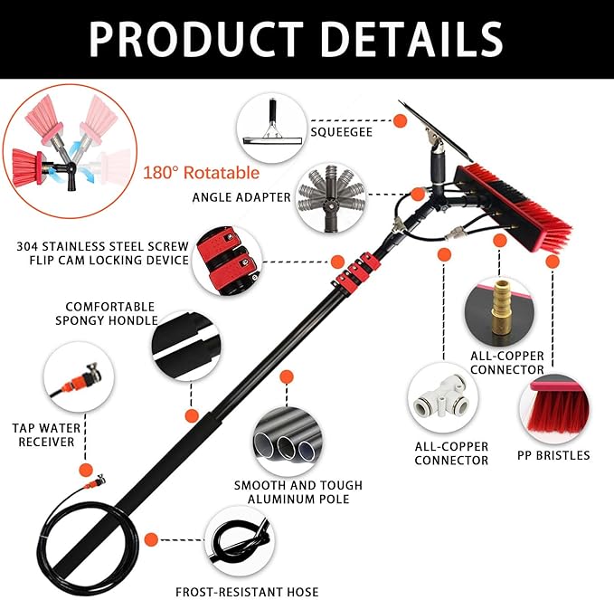 12-36FT Washing Kit Water-fed BrushSqueegeeWindow Cleaning PoleWater Fed Telescopic Brush Extendable Long Reach Window Cleaner EquipmentSolar Panel Conservatory Roof Cleaner (5.4M/18FT)