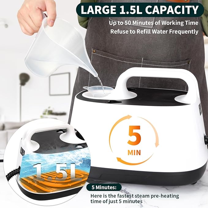 Steam CleanerMultipurpose Neat Canister Steamer with 21 Accessories 5 Mins Heating with 1.5L TankRolling Cleaning Machine for Carpet FloorsWindowsMirrorsGlass and Cars (White)
