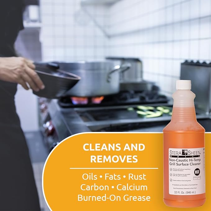 Stera Sheen - Grill Cleaner - Food Safe Non-Caustic Formula - Restaurant &amp Cafe Quality Cleaner for Flat Top Grills and Griddles - Remove Tough Encrusted Grease - 32 fl oz Bottle (4 count)