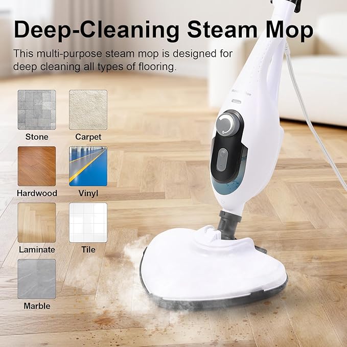 11-in-1 Steam Mop 1550W Powerful Handheld Steam Cleaner 260°F Multi-Functional Floor Steamer with 21.3FT Cord for Floors Hardwood Tiles Grout Windows Kitchen Bath Adjustable (White)