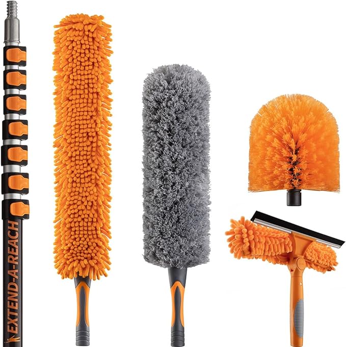36 Foot High Reach Duster Kit with 5-30 ft Extension Pole // High Ceiling Dusting and Window Cleaning Kit with Telescopic Pole // Window Washer &amp Squeegee Cobweb Duster Fan Blade and Feather Dus