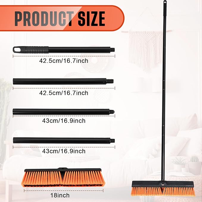 Zhehao 6 Pack 18 Inches Push Broom Outdoor Multi Surface Garden Brush Broom with Adjustable 63 Long Handle for Deck Driveway Patio Warehouse Garage Yard Concrete Floor Cleaning (Orange)