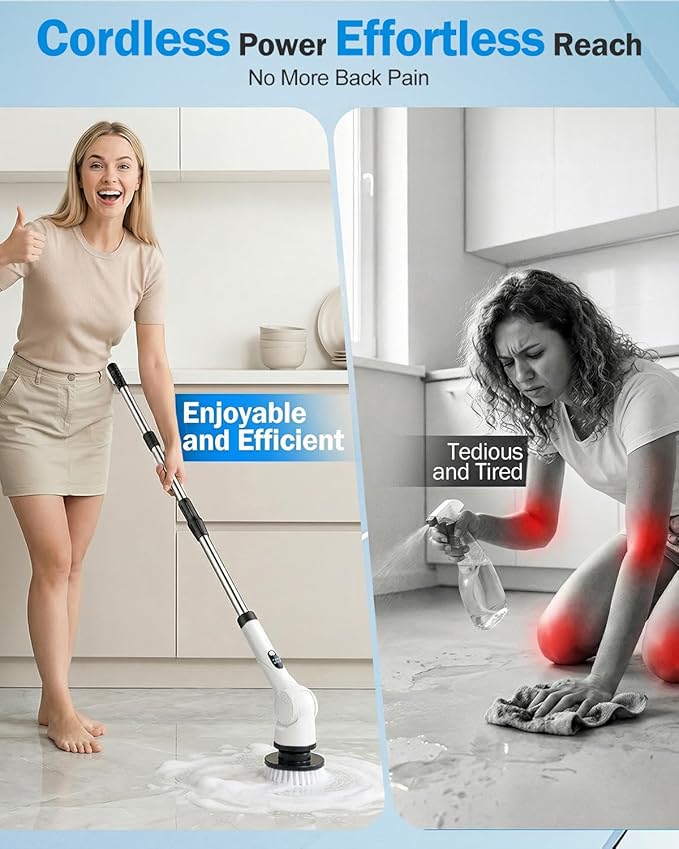 Electric Spin Scrubber 3-Speed Cordless Shower Scrubber with Long Handle &amp 10 Replaceable Brush Heads 90 Mins Runtime &amp Full-Body IPX7 Waterproof Shower Cleaner Brush for Bathroom Kithchen