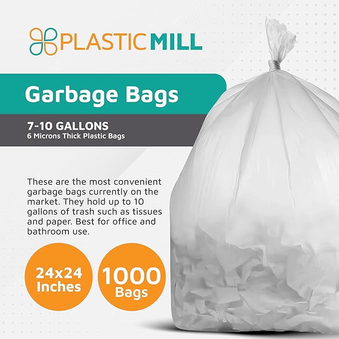 PlasticMill Heavy Duty Trash Bags - Clear Garbage Bags - Plastic Trash Bags - Kitchen Bathroom Office Garbage Bags Trash Can Liners - 7-10 Gallon Small Trash Bags 6 Microns 24x24 (1000-Count)