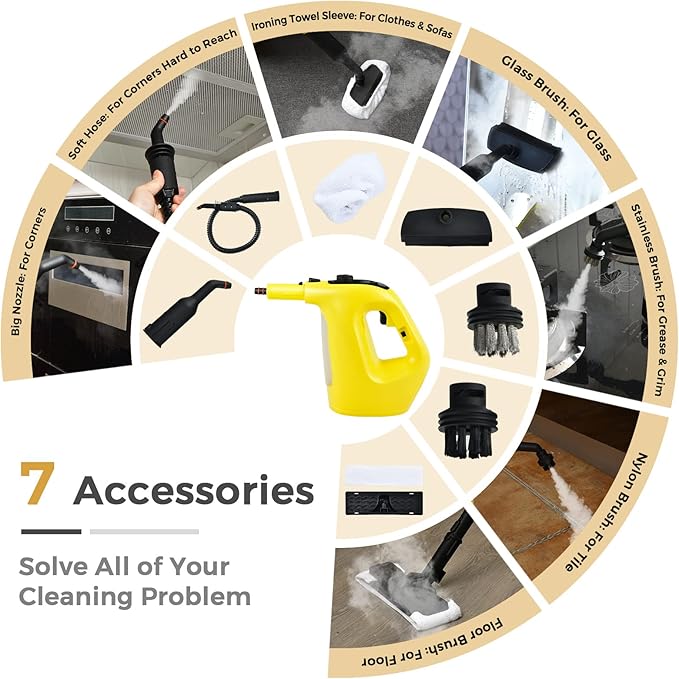 GOFLAME Multipurpose Handheld Steam Cleaner 1400W Pressurized Steamer with 17 Pieces Accessory Set 350 ml Portable Steam Mop for Home Floor Carpet Window Car (Yellow)