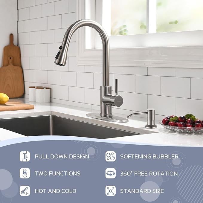 WEWE Kitchen Sink Faucet with Soap Dispenser Kitchen Faucet with Pull Down Sprayer 3 Modes Stainless Steel Single Handle Single Hole Pull Out Brushed Nickel Faucet for Bar Laundry RV Utility Sink