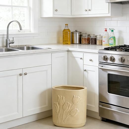 Beige Ceramic Tulips Small Bathroom Trash Can 2.6 Gal (10 Liter) - Heavy &amp Decorative Garbage Bin for Bathroom Kitchen Office Bedroom &amp Living Room Corner
