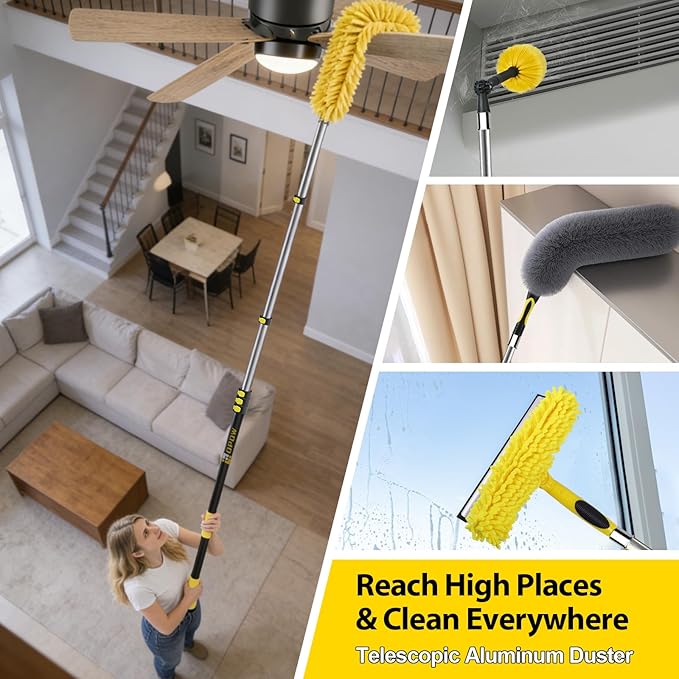 30 Foot High Ceiling Duster Kits with 4.7-24ft Heavy Duty Extension Pole High Reach Duster for CleaningMicrofiber Feather DusterCobweb DusterCeiling Fan DusterWindow Squeegee &amp Cleaner