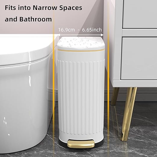 2.6 Gallon Slim Bathroom Trash Can with Soft Close Lid 10L Stainless Steel Garbage Can with Removable Liner Bucket for Narrow Spaces Bathroom Bedroom (White)