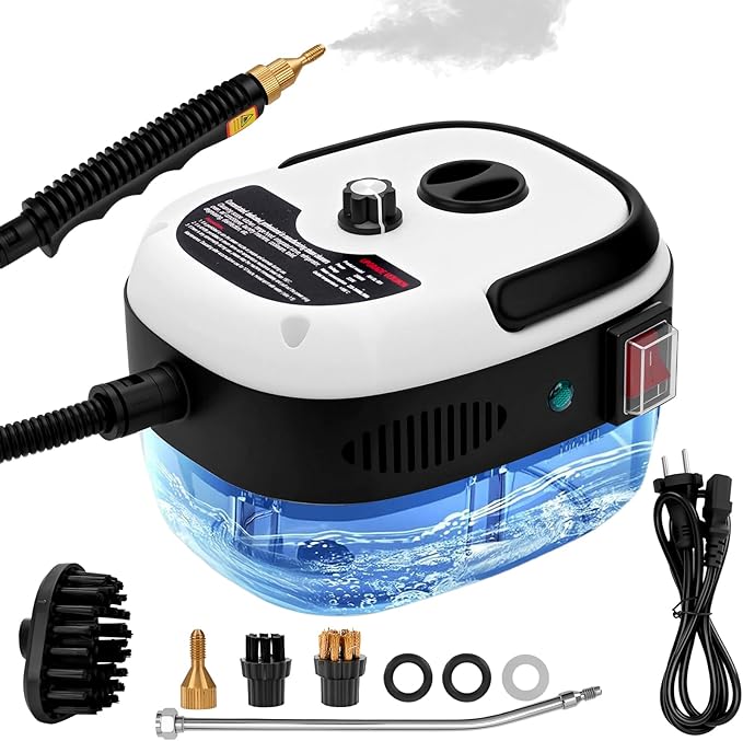 Steam Cleaner 2500W High Handheld Steam Cleaner 1L Portable Car Steam Cleaner 6 High Speeds Pressure Temperature Steam Cleaning Machine with 3 Brush Heads for Kitchen Home Car Cleaning（White）