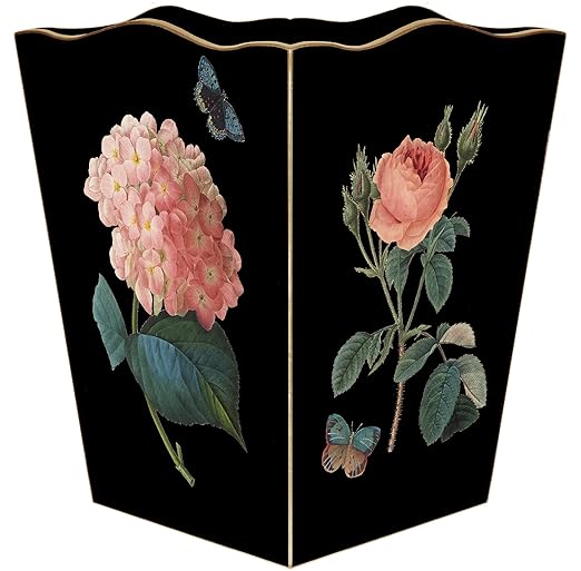 Marye-Kelley Pink Vintage Hydrangea on Black Wood Wastepaper Basket Handmade Scalloped Top Wastebasket for Kitchen Bedroom Bathroom Living Room Office