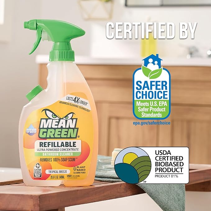 Mean Green Refillable Ultra Powered Concentrate Bathroom Cleaner Tropical Breeze 14.3 Ounce 6 Pack