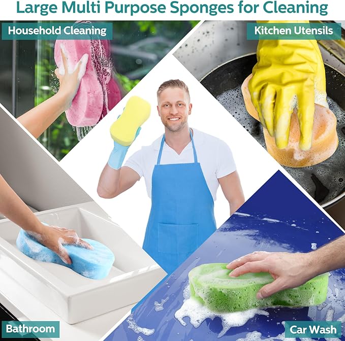Dandat 30 Pcs Large Car Wash Sponge Multi Purpose Cleaning Scrubber Non Scratch Thick Dish Household Cleaning Sponge Foam Washing Pad Handy Scrubber for Car Mix Colors