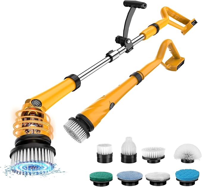 1500 RPM Electric Spin Scrubber for DeWalt 20V Battery Power Shower Scrubber for Bathroom/Floor/Bathtub/Toilet/TileElectric Cleaning Brush with Long Handle &amp 8 Replaceable Brush (Yellow)