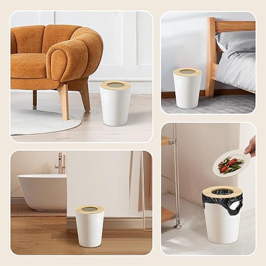 White Trash Can for Bedroom with Bamboo Lid 2.4 Gallon Open Top Trash Can 2 Pack Modern Aesthetic Garbage Can for Room Office Living Room Small Bathroom Trash Bin Boho Style