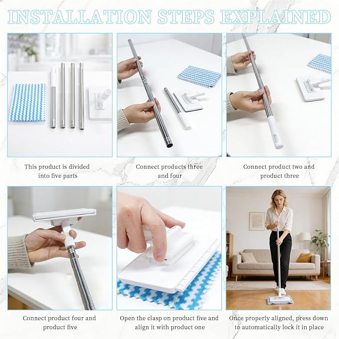 Quick-Grip Mini Mop Touch-Free Cloth Change 20 Reusable Cloths Included 37/70/100/133/165 cm Telescopic Gap Dust Cleaning Duster Flat Mop with Locking Head