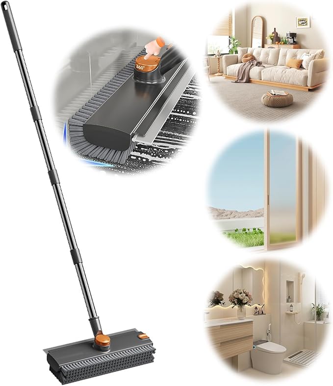3 in 1 Floor Scrub Brush with Telescopic Handle Stiff Bristle &amp Silicone Scraper Shower Scrubber 360° Rotating Scrub Brush for Tile Bathroom Patio Kitchen Wall Deck Tub Cleaning
