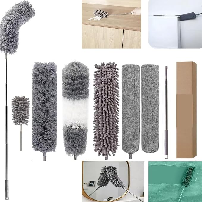 Extension Crevice Duster Microfiber dusting Cloth Retractable Handle Bendable Head Crevice Duster Cleaning Tool Set Suitable for Furniture top and Bottom Blinds etc.(7-Piece Set2.8m Pole)